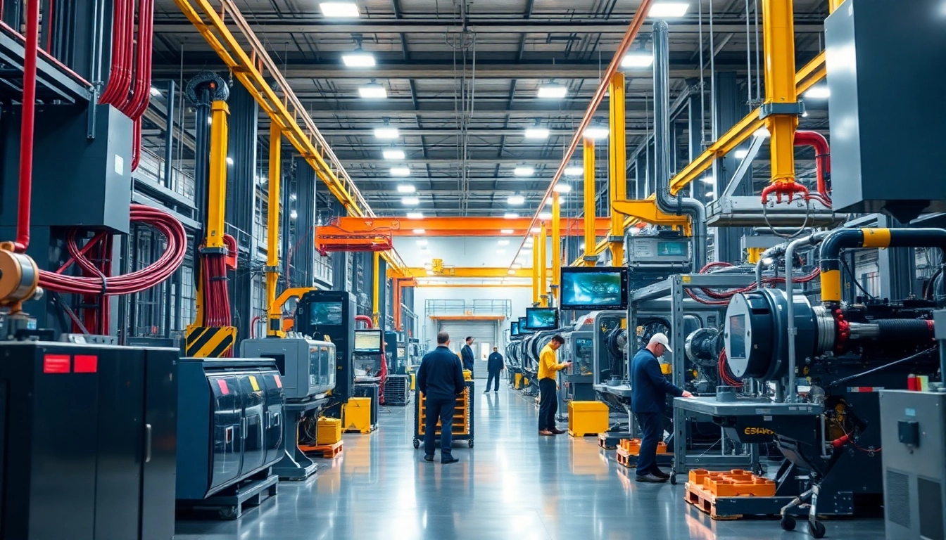 Manufacturing technology in action showcasing advanced machinery and skilled workers in a modern factory.