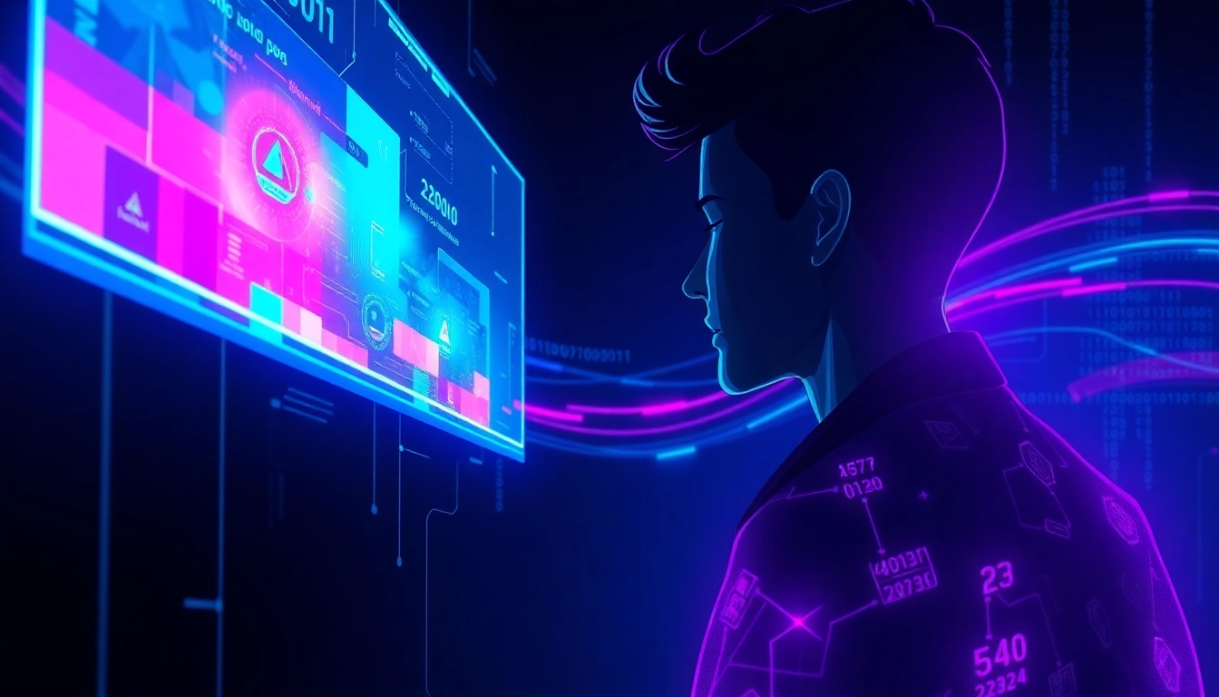 Futuristic digital art of a human interacting with glowing AI interface with vibrant colors and cyberpunk style.
