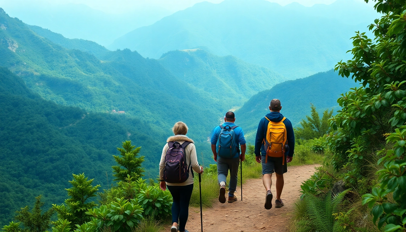 Guided trek through tropical mountain landscape showcasing guided hiking adventure in lush surroundings.