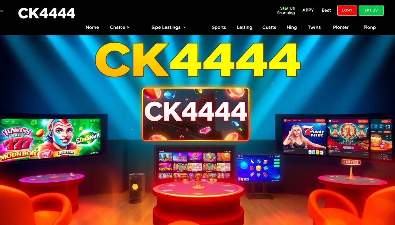 CK 444 online gaming platform showcasing a variety of slot machines, live casino, and sports betting features in an engaging digital environment.