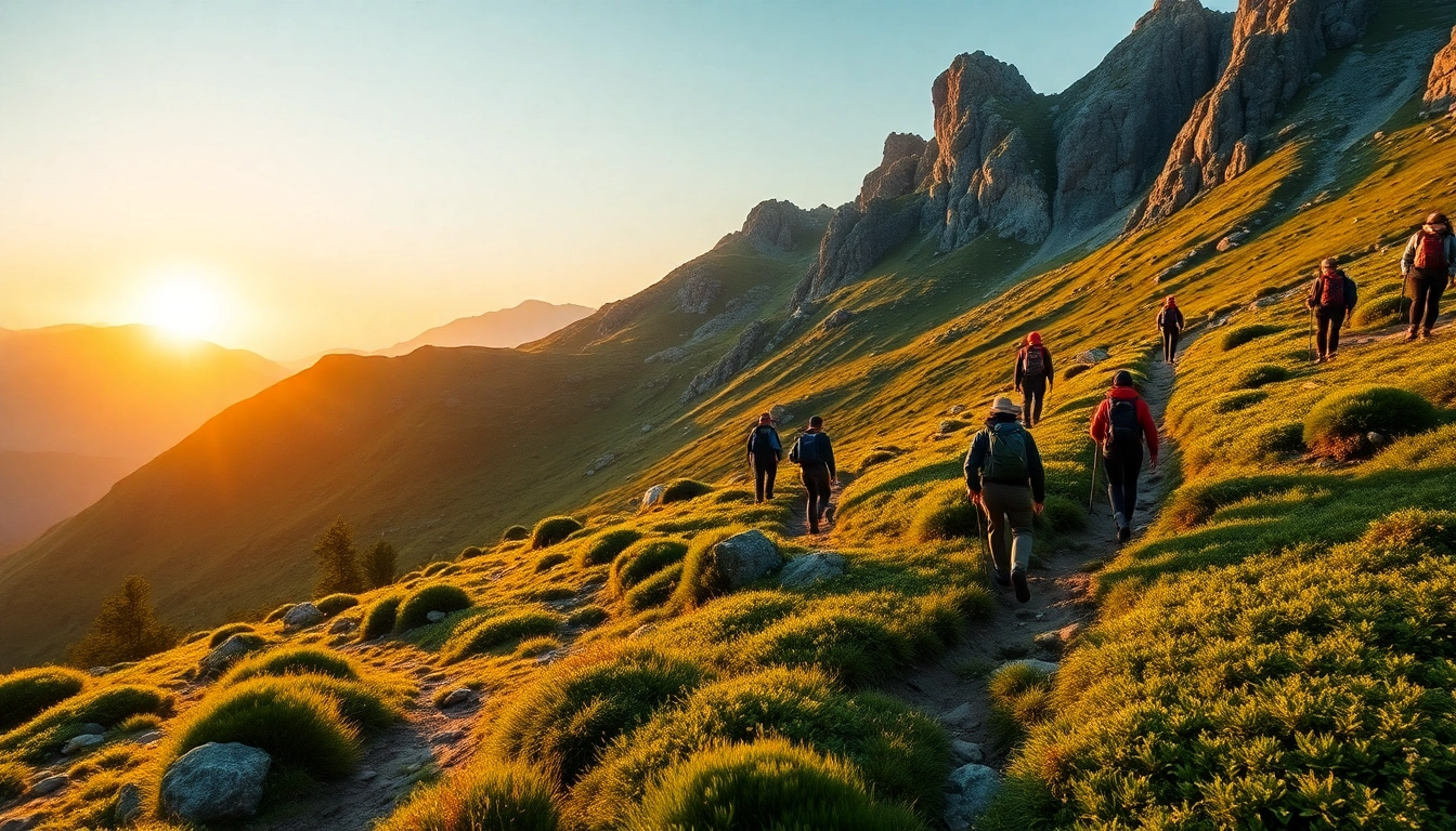 Trekking through scenic mountain landscape in Indonesia, featuring hikers navigating rugged trails amidst lush forests, illustrating adventure and natural beauty.