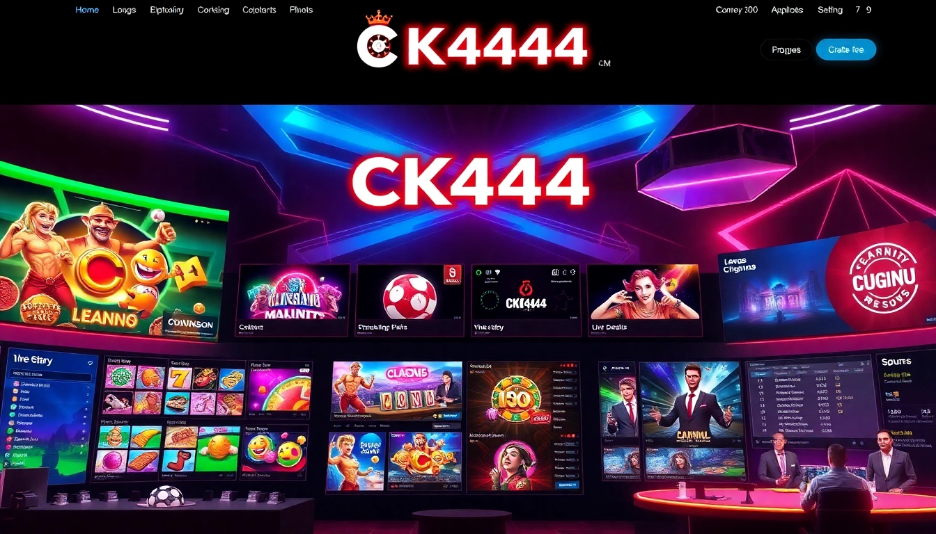 CK 444 gaming platform with vibrant slot machines and live dealer action, emphasizing online entertainment and betting features for Bangladeshi players