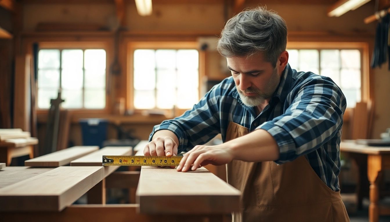 Experienced carpenter carefully measuring wood in a professional workshop, showcasing precision and craftsmanship.
