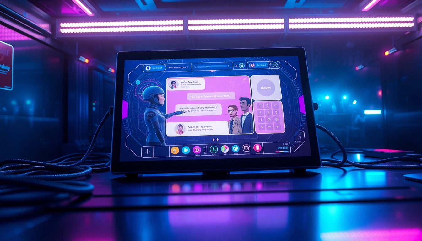 Futuristic AI chat interface with vibrant colors and animated characters in a high-tech environment.