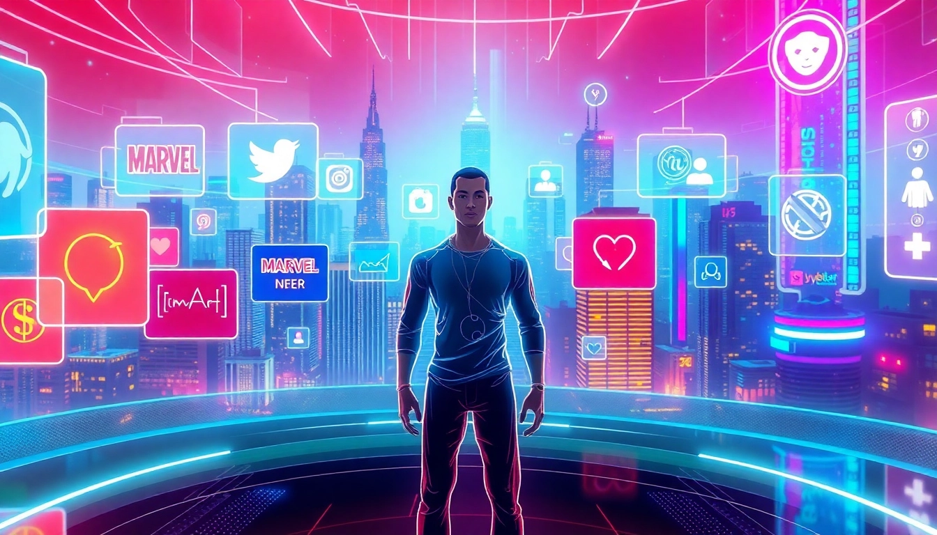 A vibrant digital scene of a futuristic social media hub with holograms and fandom icons.