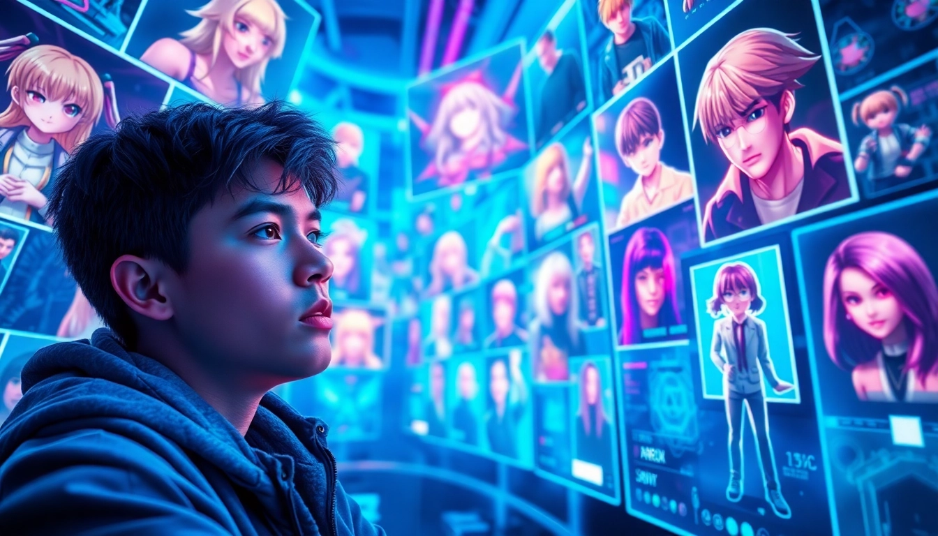 Futuristic digital scene with holographic characters and a user immersed in a vibrant AI-driven social media universe.