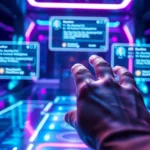 A futuristic digital interface with neon accents and holographic AI chat windows in a sleek environment.