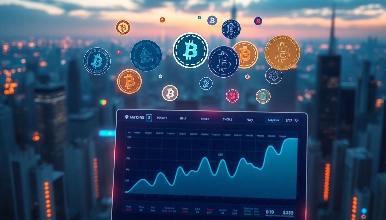 Brightly colored altcoins circling a high-tech trading platform, illustrating cryptocurrency