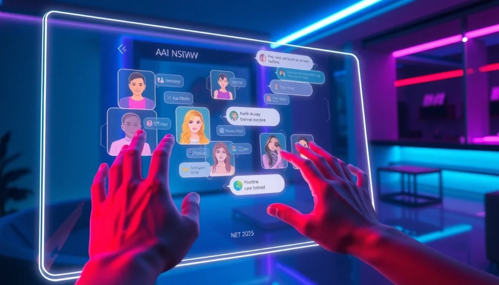 Close-up of hands interacting with a holographic AI chat interface displaying NSFW avatars and chat bubbles in a dimly lit, futuristic room.