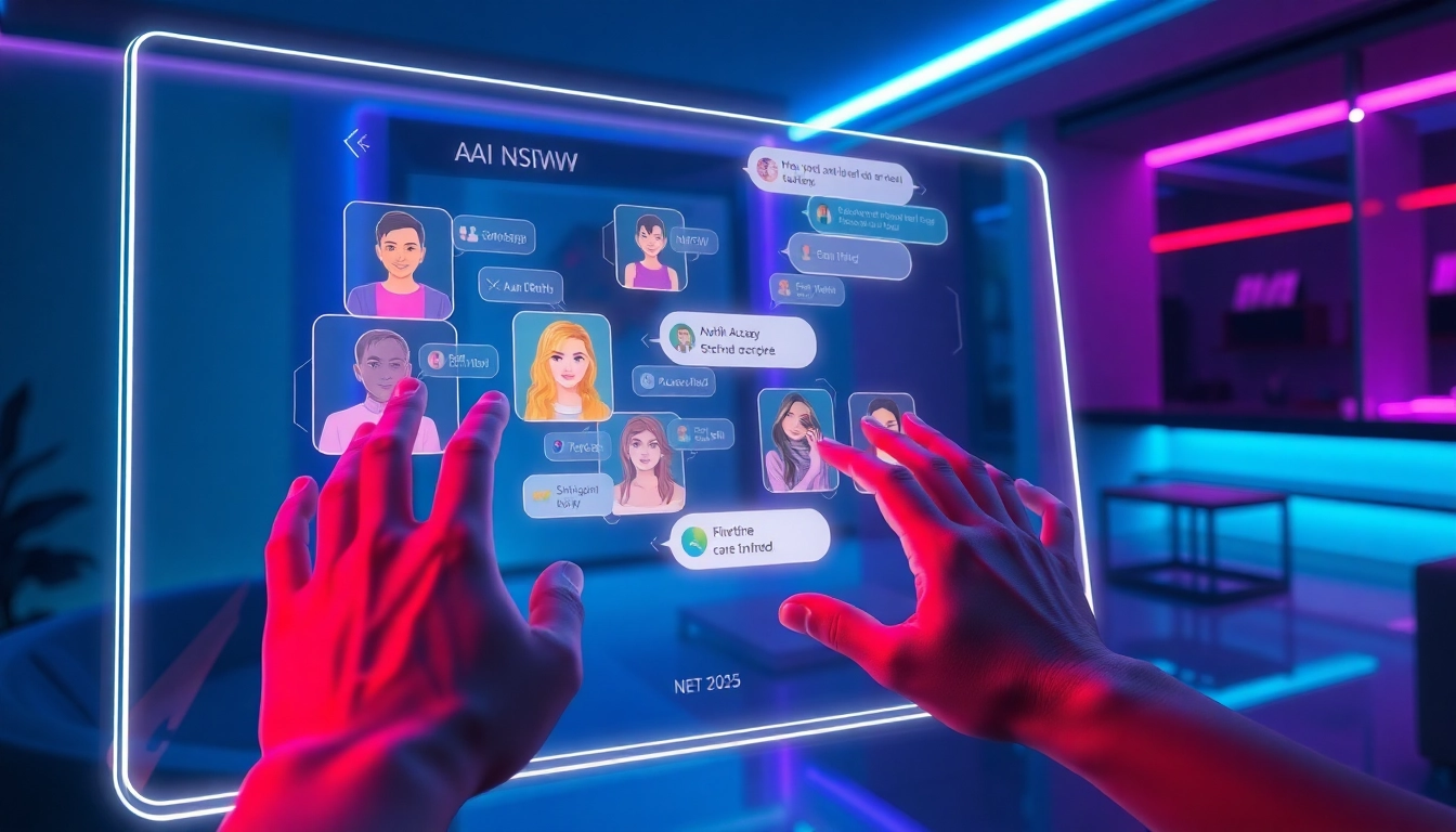 Close-up of hands interacting with a holographic AI chat interface displaying NSFW avatars and chat bubbles in a dimly lit, futuristic room.