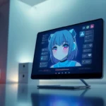 Close-up of a digital AI chatbot interface featuring an anime-style character in a modern room with soft lighting.