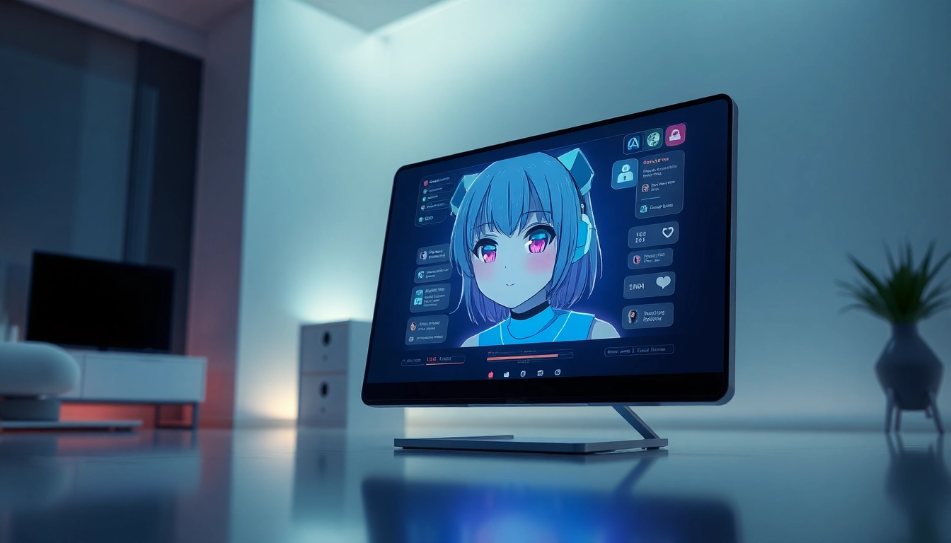 Close-up of a digital AI chatbot interface featuring an anime-style character in a modern room with soft lighting.