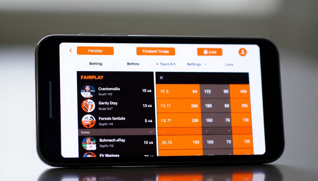 Fairplay app on a smartphone showing sports betting dashboard with live scores and bonuses for users in India.
