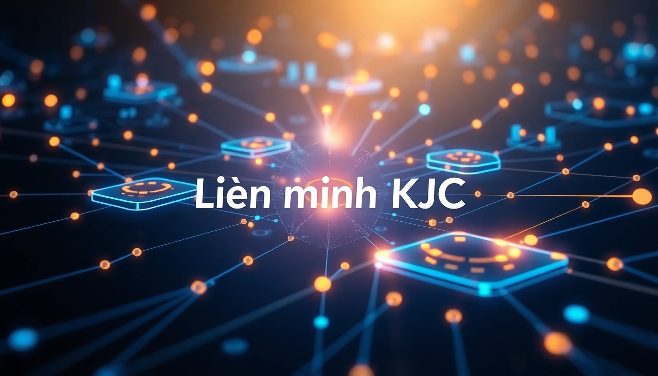 Liên minh KJC banner showcasing interconnected platforms, modern design, emphasizing innovation and digital connectivity for online entertainment.