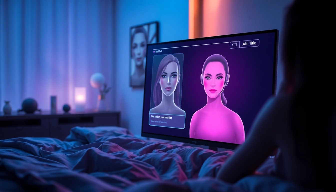 Futuristic AI chatbot interface with a holographic avatar in a dimly lit bedroom setting