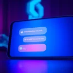 Futuristic digital chat interface on a modern device with neon colors and glowing text bubbles.
