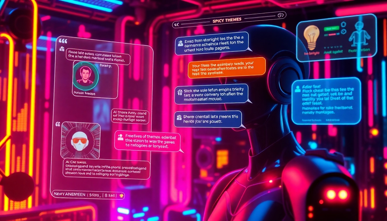 Engaging Spicy AI Chat scene with vivid visuals, showcasing AI interface with glowing chat bubbles and dynamic visuals for immersive experience.