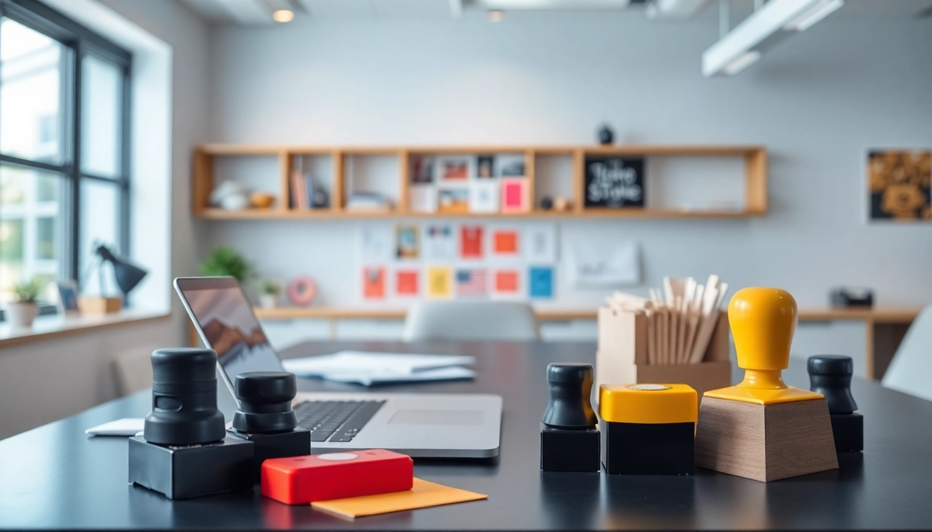 Order high-quality pieczątki warszawa for your business needs with colorful stamps displayed in an office setting.