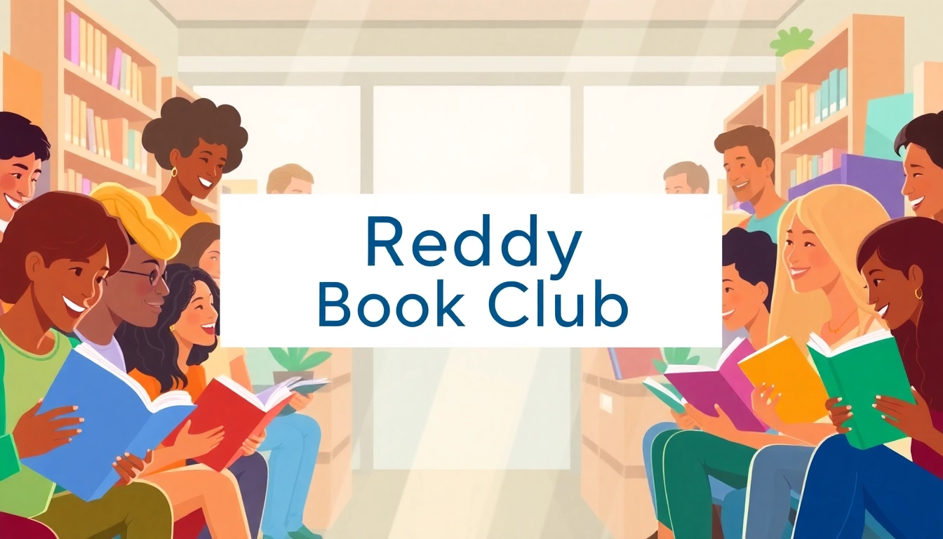 Reddy Book Club promotes community reading and engagement with vibrant visuals of readers sharing books and discussions.