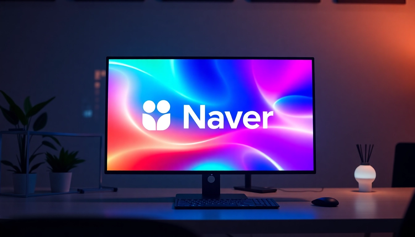 Healthy Naver-themed workspace with a user interacting with a vibrant Naver homepage on a laptop screen, emphasizing digital connectivity and modern tech.