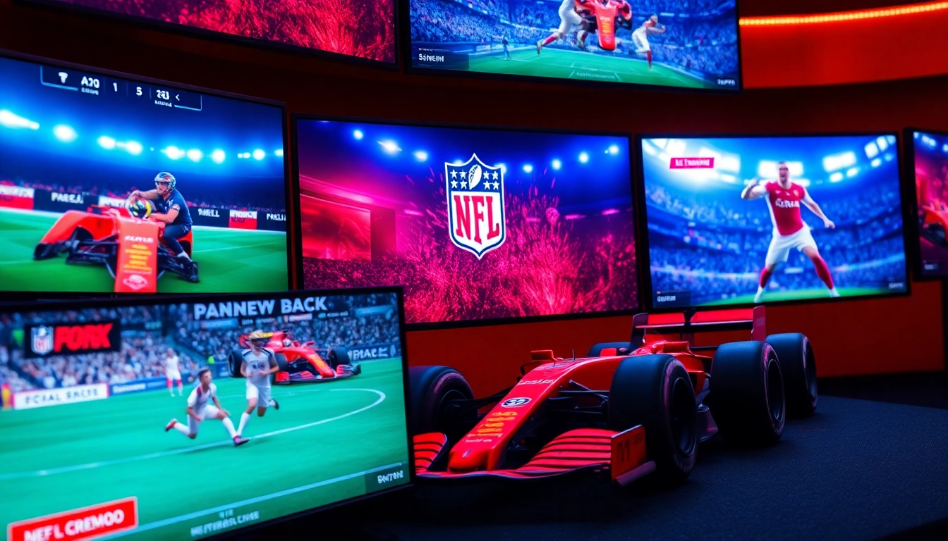 StreamEast logo displayed on a smart TV screen with live sports streams including F1 and NFL in