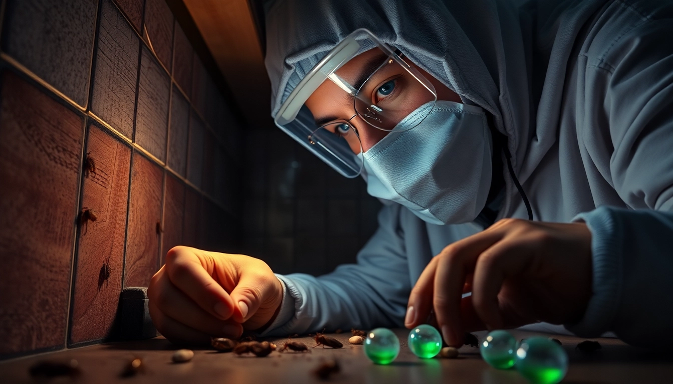 Pest control technician inspecting a kitchen corner for cockroaches with UV light and traps.