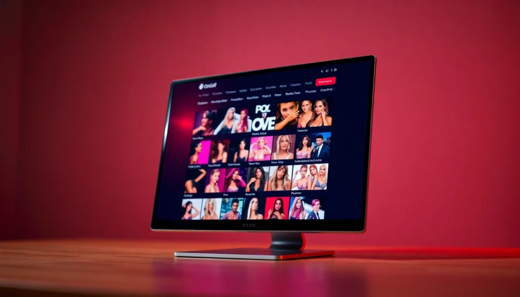 Computer screen displaying an adult entertainment website with thumbnails and categories in vibrant colors.