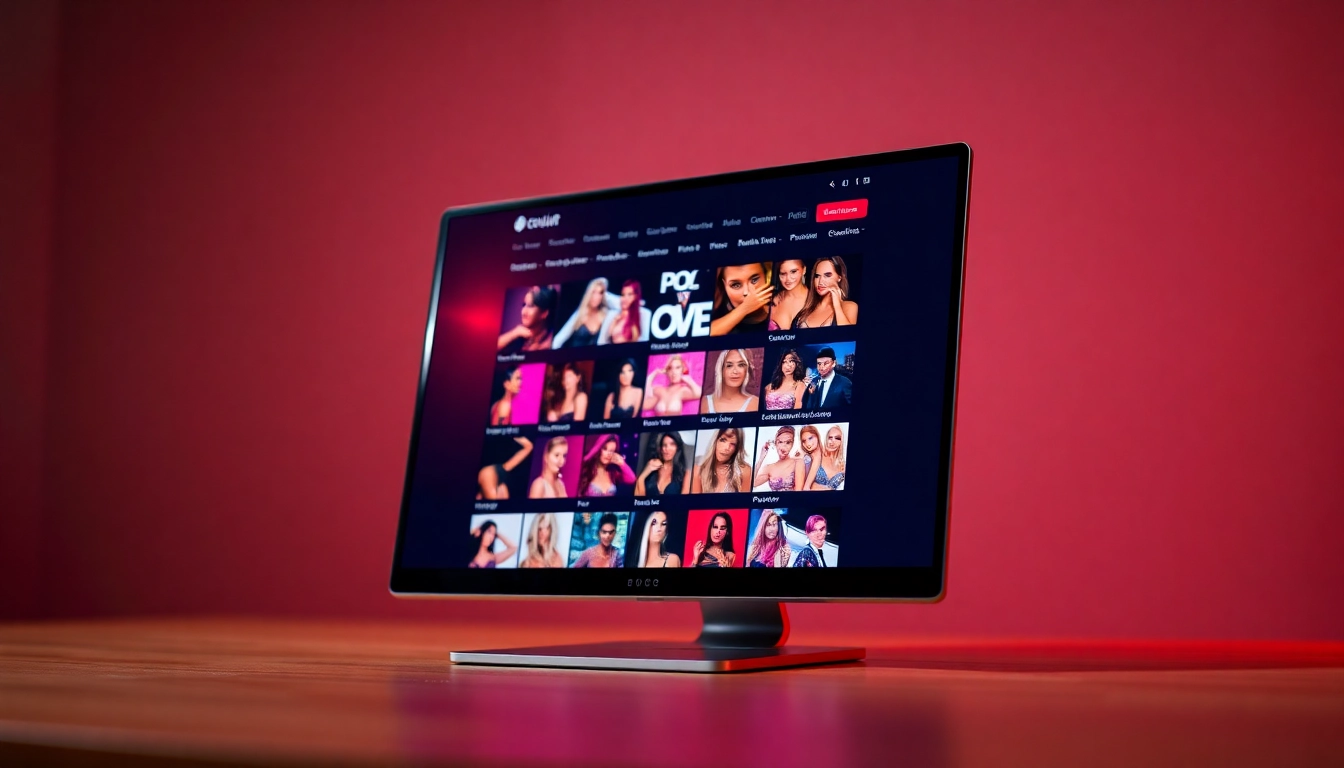 Computer screen displaying an adult entertainment website with thumbnails and categories in vibrant colors.