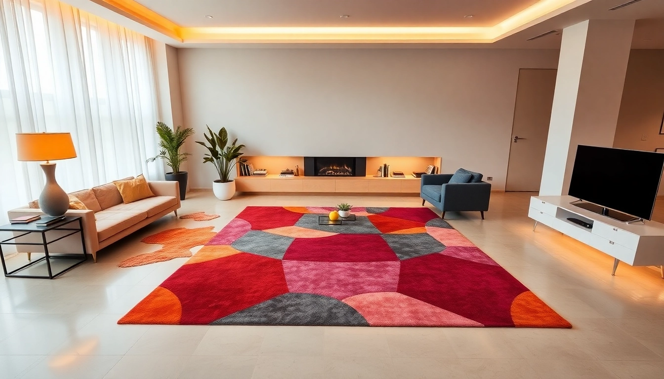 Stylish modern living room with vibrant Tappeti moderni Milano adding texture and color to the
